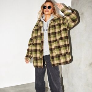 Motel Rocks Plaid Teddy Coat Green Brown Oversized Comfy Jacket Zipper Pockets S